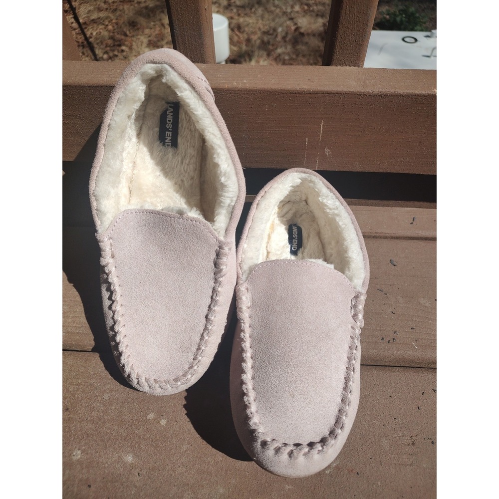 Lands End Womens Pink Suede Faux Fur Lined Moccasin Slippers Size 9 House Shoes‎